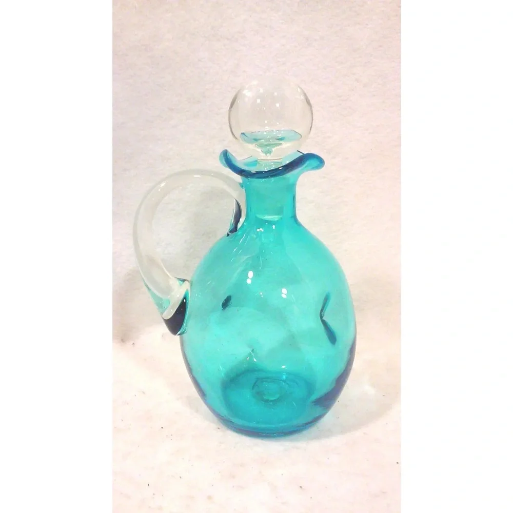 Vintage Blue Glass Decanter Pinched Bottle Mid-Century Barware Bischoff